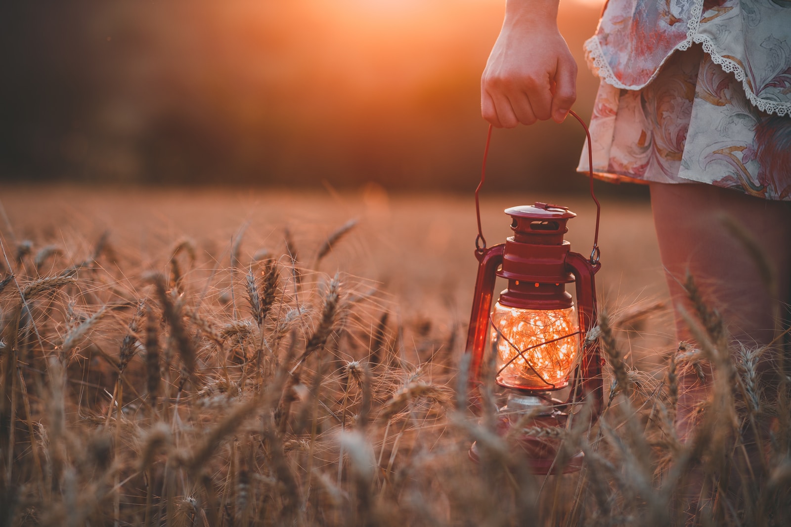 Photo by Guilherme Stecanella closeup photography of woman wearing floral skirt holding red gas lantern at brown grass field