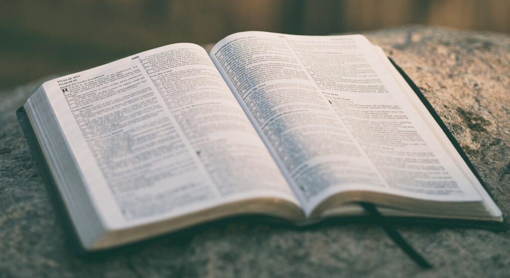 Open Bible on rock in sunshine.
