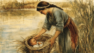 Detail from painting of a woman putting a baby in a basket to float down a river